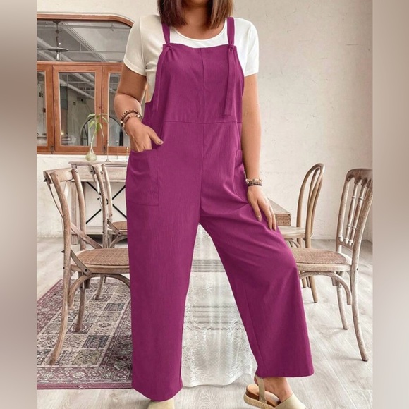 Boho Plus Size Pockets Straps Knot Wide Leg Jumpsuit - Picture 7 of 14